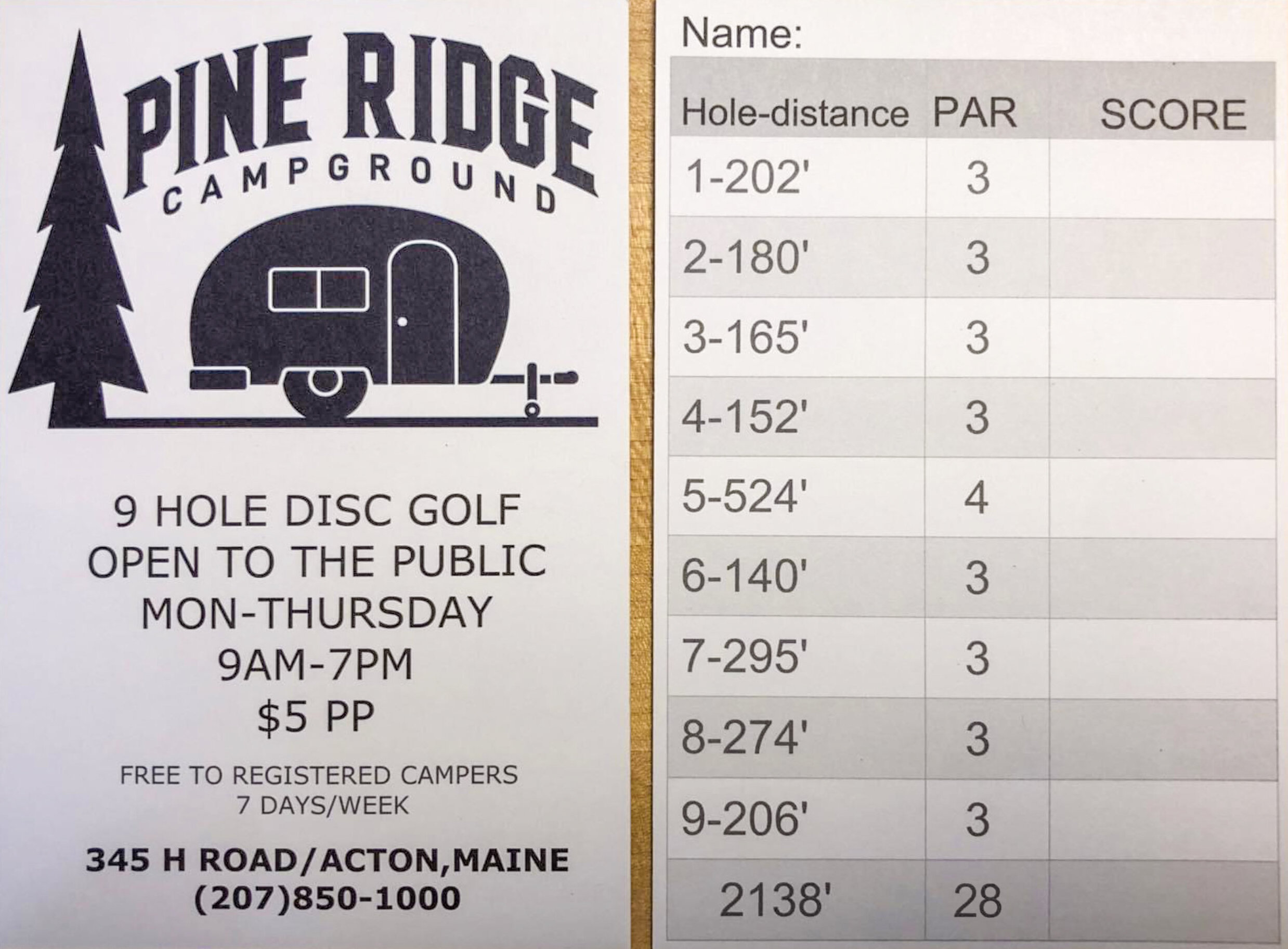 pine ridge campground disc golf score card